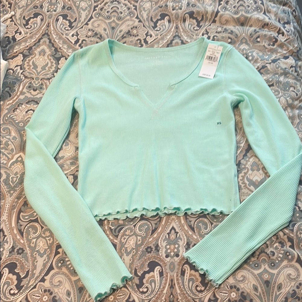 American Eagle Outfitters Green Ribbed Crop Blouse